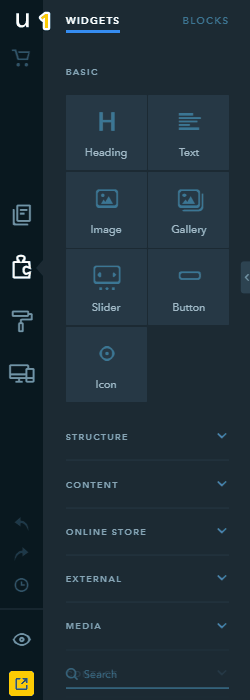 uKit visual builder widgets panel
